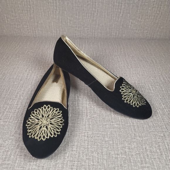 Birdies Shoes - Birdies Goldfinch Slippers Black Velvet Gold Embroidered Loafers Size 9 Shoes